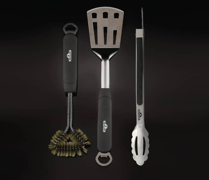 3 Piece Stainless Steel BBQ Toolset | Spatula | Tongs | Brass Grill Brush | Napoleon BBQ Tools | Caterbitz UK